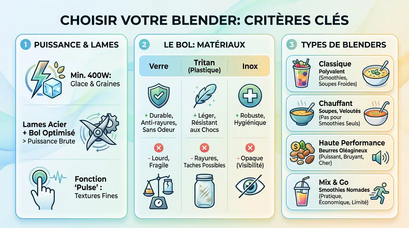 Comparatif visuel des critères essentiels pour choisir un blender performant : puissance, matériaux du bol et types d'usage