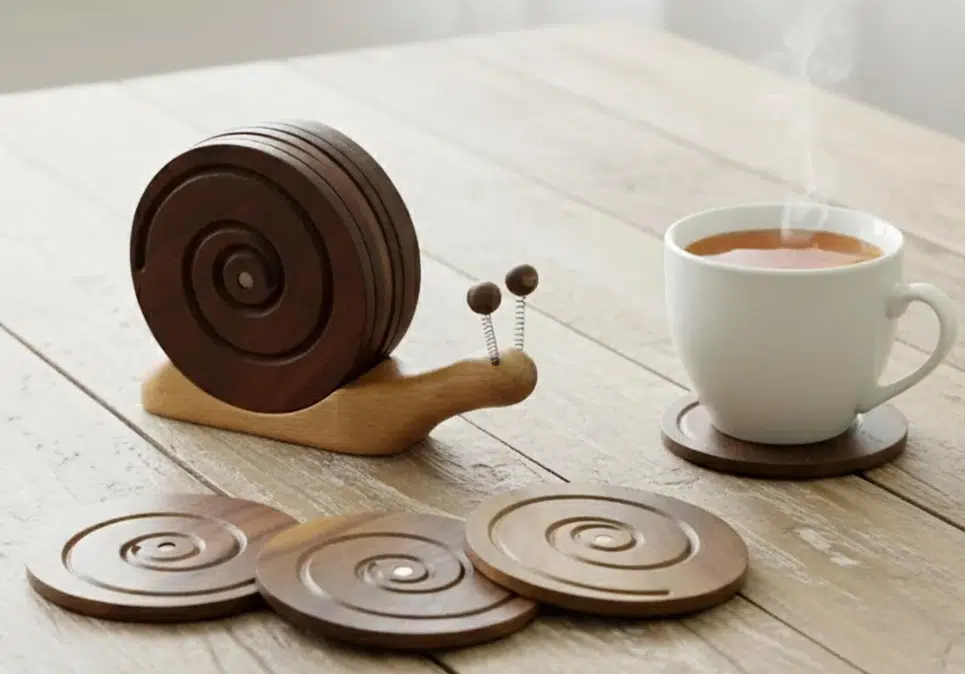 Ensemble de sous-verres escargots en bois fabriqués à la main avec un adorable porte-escargots